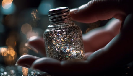 A woman hand holding a shiny bottle of nail polish generated by artificial intelligenceの素材