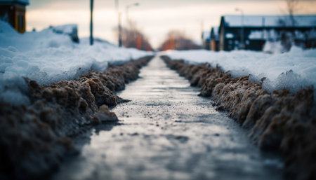 Frosty winter landscape, slippery footpath, vanishing point in background generated by artificial intelligenceの素材
