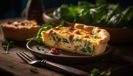 A rustic meat pie baked on a wooden plate, ready to eat generated by artificial intelligenceの素材