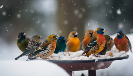 A vibrant male tit perching on a frosty branch eating generated by artificial intelligenceの素材