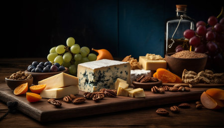 A gourmet cheese plate with Camembert, Brie, and Parmesan varieties generated by artificial intelligenceの素材