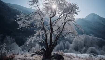 Solitude in extreme terrain, back lit by sunrise beauty generated by artificial intelligenceの素材