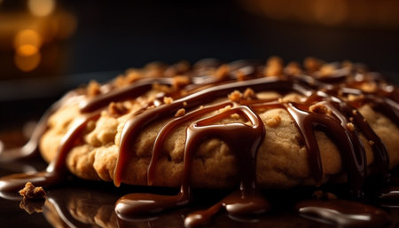 Decadent homemade chocolate cookies with fluffy icing and marshmallow decoration generated by artificial intelligenceの素材