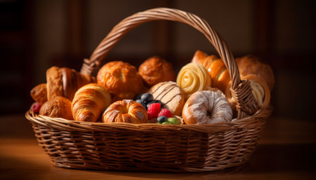 A rustic still life of French gourmet food abundance generated by artificial intelligenceの素材