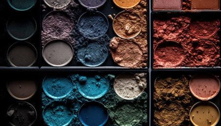 Vibrant colors in a multi colored eyeshadow palette for glamorous looks generated by artificial intelligenceの素材