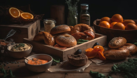 Rustic whole wheat bread with fresh vegetable and fruit toppings generated by artificial intelligenceの素材