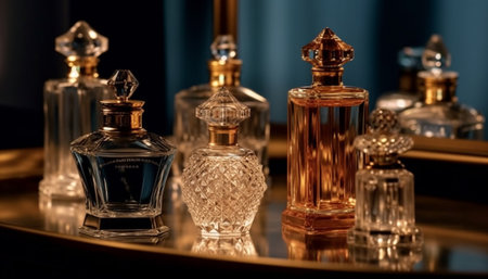 Antique whiskey bottle on elegant table reflects luxury and glamor generated by artificial intelligenceの素材
