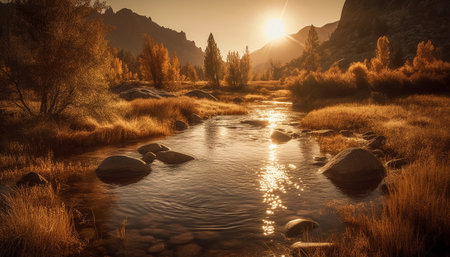 Tranquil meadow reflects mountain range at dusk, nature beauty generated by artificial intelligenceの素材