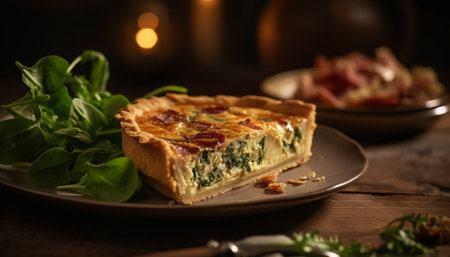 A rustic meat pie, baked to perfection, ready to eat on plate generated by artificial intelligenceの素材