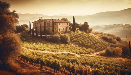 Rustic winery in Chianti region boasts panoramic autumn landscapes generated by artificial intelligenceの素材