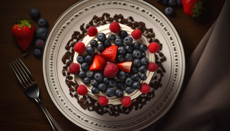 Indulgent homemade berry cheesecake with whipped cream and chocolate decoration generated by artificial intelligenceの素材