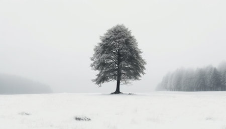 Tranquil winter scene snow covered forest, pine trees, solitude, silence generated by artificial intelligenceの素材
