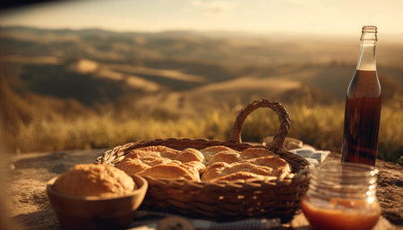 A rustic picnic table set with fresh food and wine generated by artificial intelligenceの素材