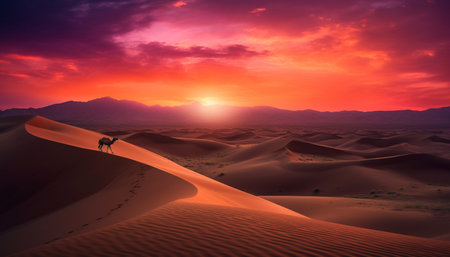 A solitary man hikes the majestic sand dunes at dawn generated by artificial intelligenceの素材