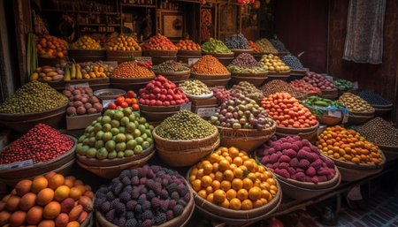 Fresh fruits and vegetables in a colorful market basket for sale generated by artificial intelligenceの素材