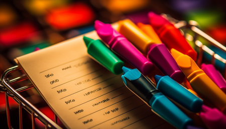 Vibrant colored pens on table inspire creativity for back to school list generated by artificial intelligenceの素材