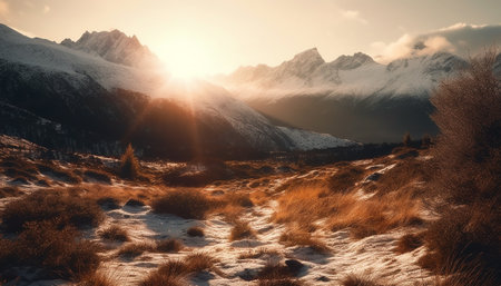 The majestic mountain range at dawn, a tranquil scene generated by artificial intelligenceの素材