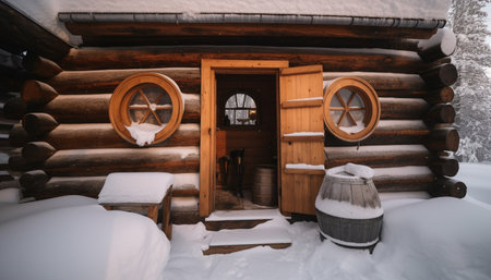 An old log cabin in the winter forest landscape generated by artificial intelligenceの素材