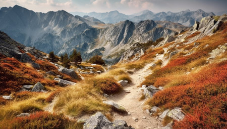 Majestic mountain range in Asturias offers tranquil autumn hiking adventure generated by artificial intelligenceの素材