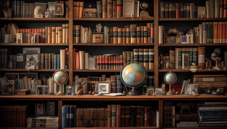 Antique textbooks line the old bookshelf in the library generated by artificial intelligenceの素材