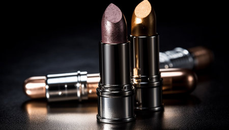 Shiny metallic lipstick tube on black background exudes elegance and glamor generated by artificial intelligenceの素材