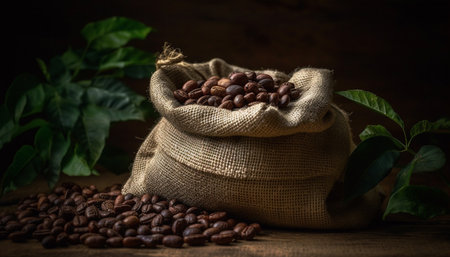 Raw coffee beans in burlap sack, a rustic still life generated by artificial intelligenceの素材