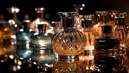 Antique whiskey bottle reflects elegance in dark bar arrangement generated by artificial intelligenceの素材