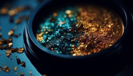 Shiny gold confetti illuminates beauty product on purple backdrop generated by artificial intelligenceの素材