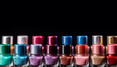 A collection of vibrant, multi colored nail polish bottles in a row generated by artificial intelligenceの素材