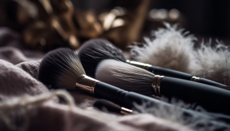 Professional make up artist applies multi colored eyeshadow with precision brush generated by artificial intelligenceの素材