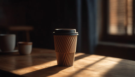 A rustic coffee shop table with a hot cappuccino mug generated by artificial intelligenceの素材