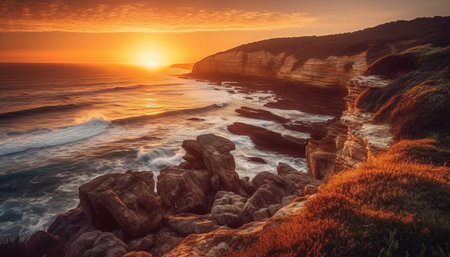 The majestic cliff at waters edge, eroded by extreme terrain generated by artificial intelligenceの素材