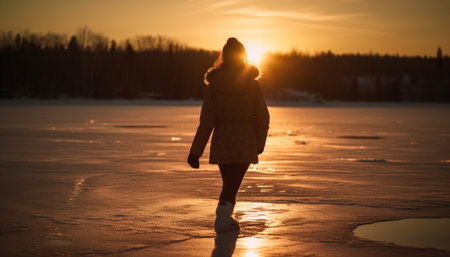 One woman, outdoors, walking in nature, enjoying the sunset generated by artificial intelligenceの素材