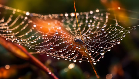 Spider web glistens with dew drops in autumn forest meadow generated by artificial intelligenceの素材