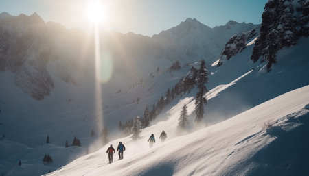 Men ski down mountain peak, enjoying winter sport adventure generated by artificial intelligenceの素材