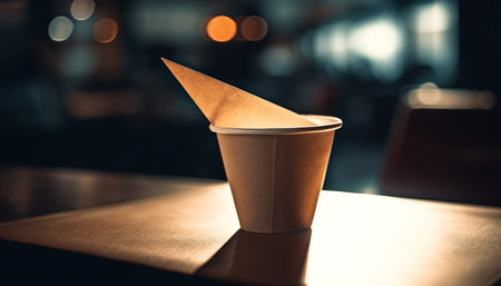 A modern coffee shop desk with defocused backgrounds and crockery generated by artificial intelligenceの素材