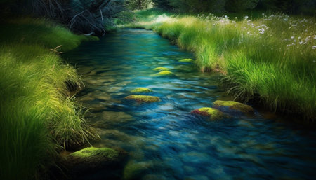 Tranquil scene of flowing water in a lush green forest generated by artificial intelligenceの素材