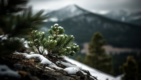 Evergreen coniferous trees stand tall in snowy mountain landscape generated by artificial intelligenceの素材