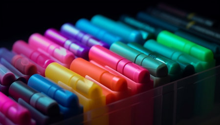 A vibrant collection of colorful pens in a row, shiny generated by artificial intelligenceの素材