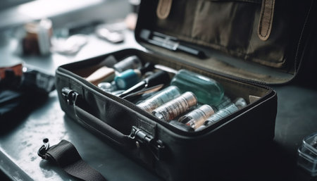 Mechanic toolbox: steel wrenches, screwdrivers, pliers, and spanners shine generated by artificial intelligenceの素材