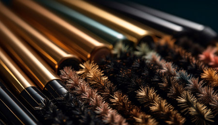 Sharp metallic work tools in a row on blue background generated by artificial intelligenceの素材