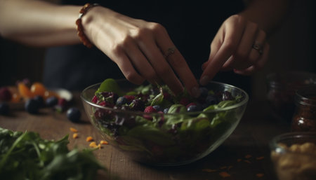 A refreshing summer salad with organic berries and leafy greens generated by artificial intelligenceの素材