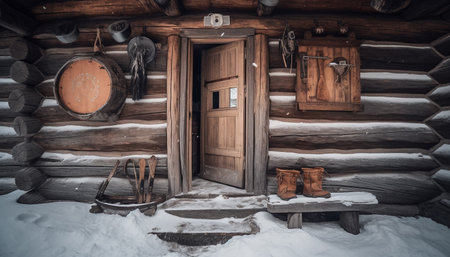 Rustic log cabin in snowy forest with firewood stack indoors generated by artificial intelligenceの素材