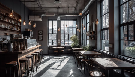Modern luxury cafe with comfortable chairs, elegant design, and illuminated space generated by artificial intelligenceの素材