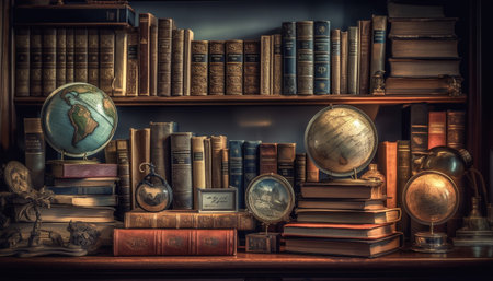 A dusty old bookshelf holds an abundance of ancient wisdom generated by artificial intelligence.の素材