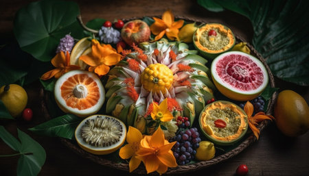 Fresh organic fruit salad with ripe papaya, pineapple, and avocado generated by artificial intelligenceの素材