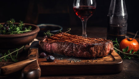 Grilled sirloin steak, cooked rare, with herb seasoning and wine generated by artificial intelligenceの素材
