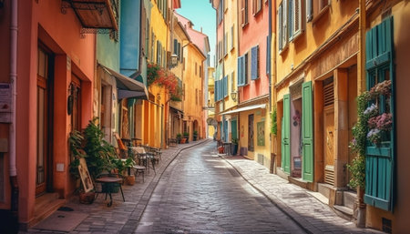 The ancient Italian cityscape at dusk, a narrow footpath lined with old fashioned buildings and flower pots generated by artificial intelligenceの素材