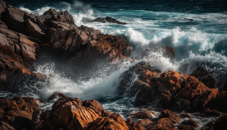 Breaking waves crash against rocky cliff, creating beautiful seascape generated by artificial intelligenceの素材