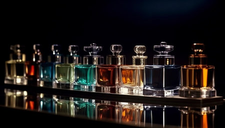 Glass bottle holds scented liquid for elegant beauty treatment collection generated by artificial intelligenceの素材